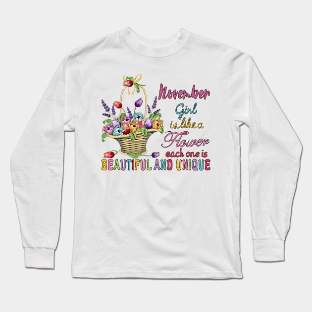 November Girl - Flower Basket Long Sleeve T-Shirt by Designoholic